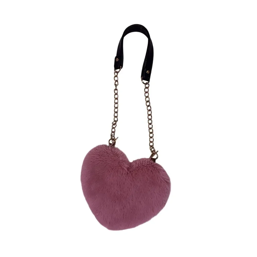 Fuzzy Heart Y2K Purse Gold Pink Coquette Kawaii Shoulder Bag Cute Aesthetic